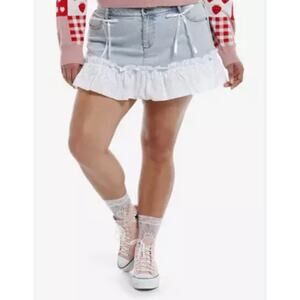 Hot Topic Sweet Society NEW Womens Indigo White Eyelet Ruffle Bow Denim Skirt XL